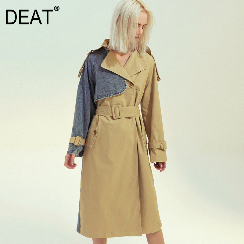 

2020 new DEAT spring and summer fashion women clothes turn-down collar denim patchwork full sleeves windbreaker WK40604XL, Khaki