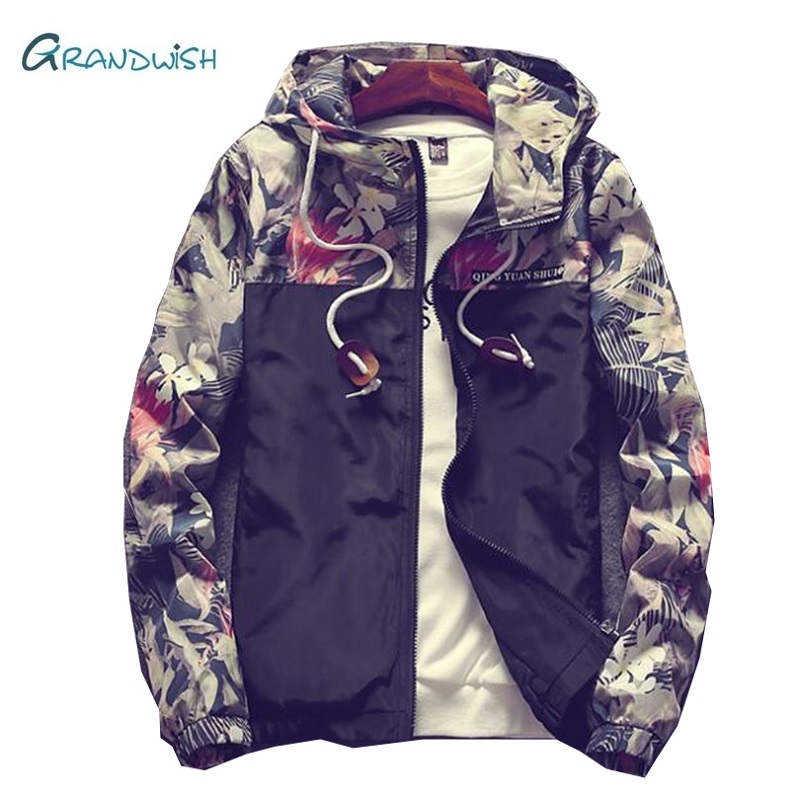 

Grandwish Floral Jacket Autumn Mens Hooded Jackets Slim Fit Long Sleeve Homme Trendy Windbreaker Coat Drop Shipping,DA758, Blue