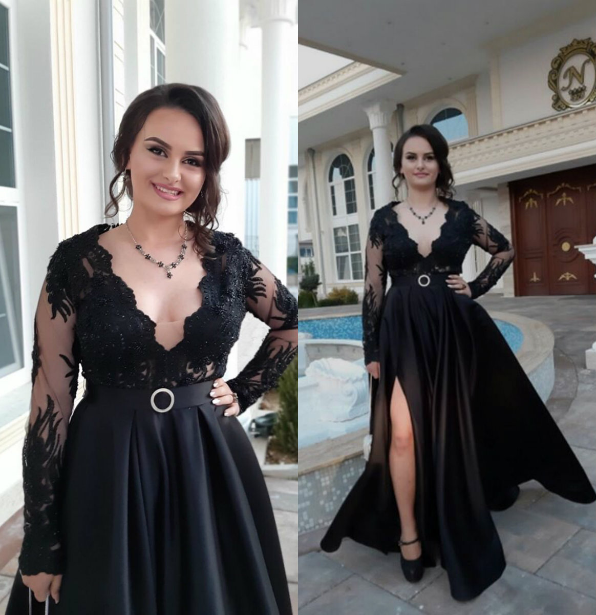 

2020 New Arrival A Line Evening Dresses Split V Neck Long Sleeve Satin Formal Dresses Floor Length Zipper Applique Beads Party Gown, Gold
