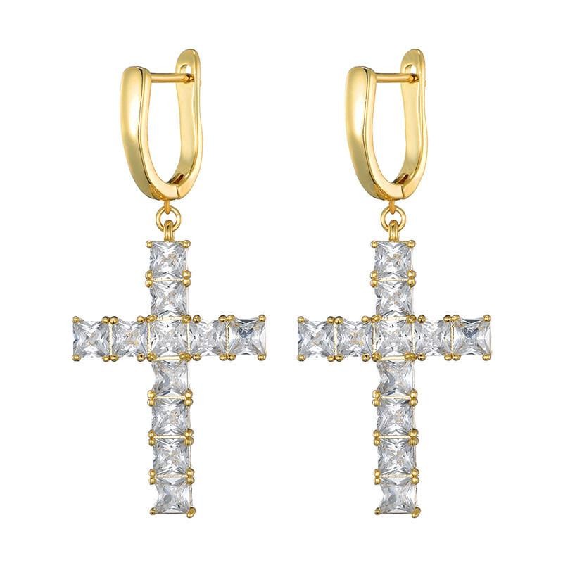 

Hot Fashion Mens Women Earrings Gold Silver Color Ice Out Square CZ Cross Earrings Fashion Hip Hop Earrings Gift, Golden;silver