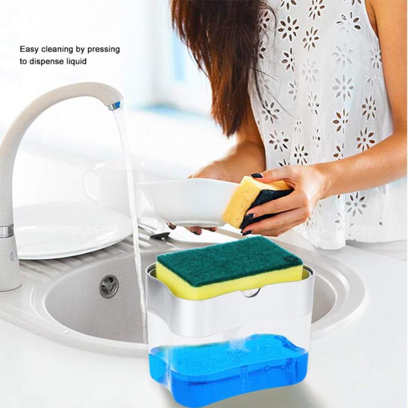 

Soap Dispenser 2 in 1 Pressing Type Kitchen Detergent Liquid Soap Dispenser Sink Pot Cleaner Cleaning Brush Sponge