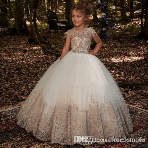 

New Arrival Lovely Lace Flower Girl's Dresses Long with long wraps jewel Neck Ball Gown Handmade Butterflies Girl's Pageant Dresses, Brown
