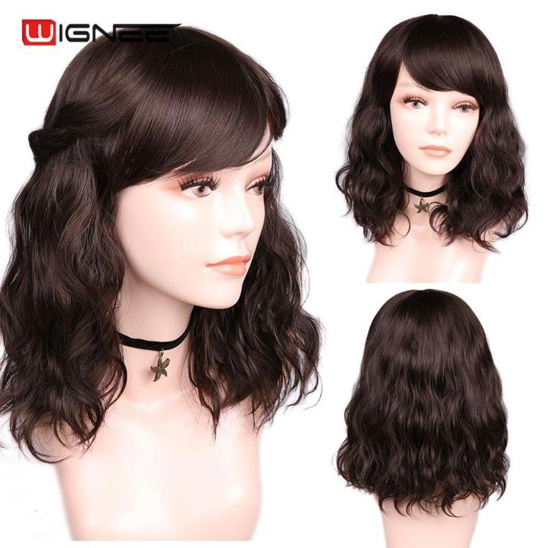 

Wignee Synthetic Short Brown/Black Wigs With Bangs For Black & White Women Wave Hair Heat Resistant Daily Natural Hair Fake Wigs