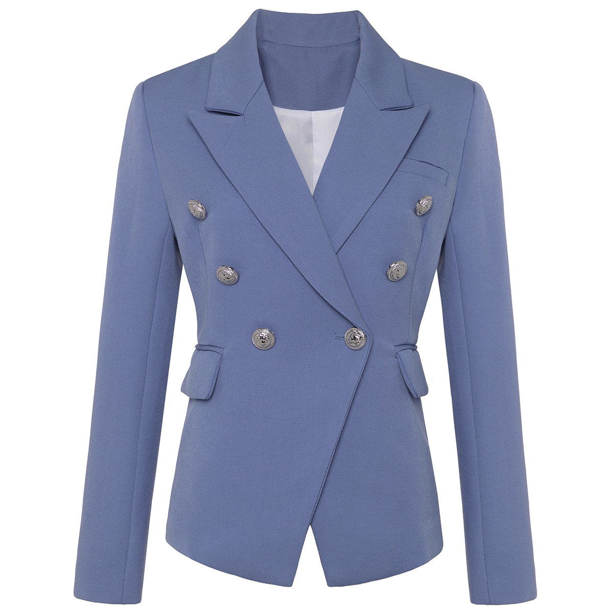 

2019 Autumn Winter Blue Long Sleeve Notched-Lapel Minimalist Plain Buttons Double-Breasted Blazers Fashion Casual Outwear Coats DN191876