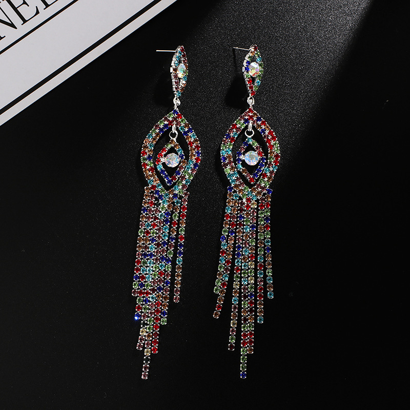 

Temperament Long Fund Colour Diamond Tassels Earrings Ear Nail Eardrop Earring Goods Tide Woman