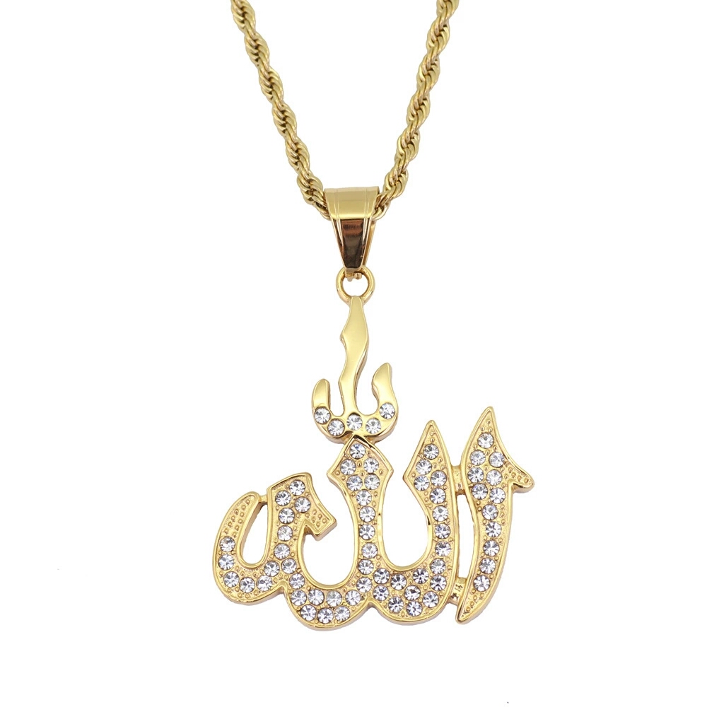 

hip hop Islamic Muslims diamonds pendant necklaces for men women Stainless steel rhinestone luxury necklace Cuban chain Religion jewelry, Silver