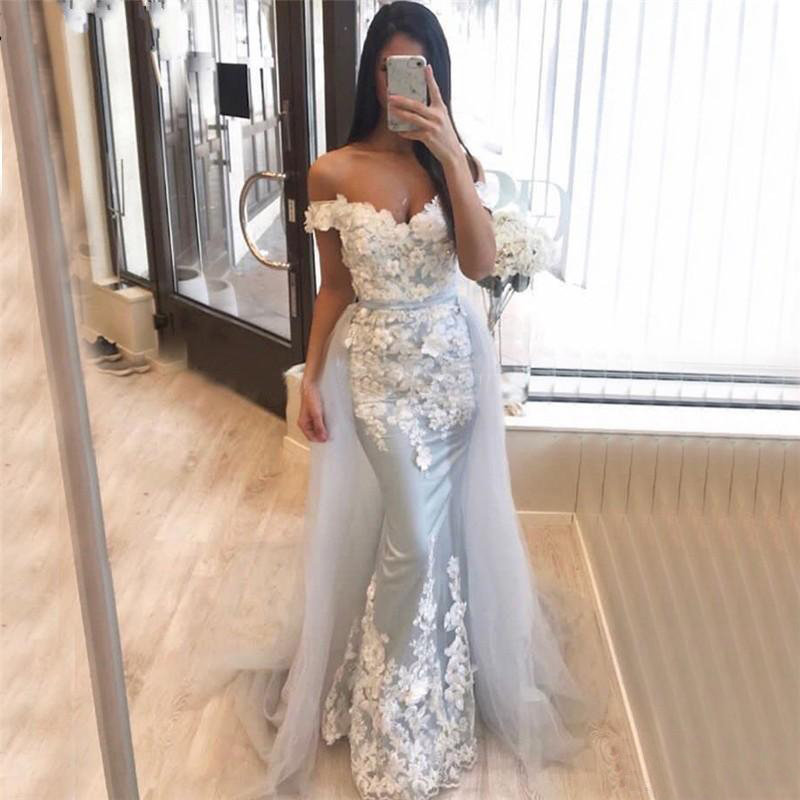 

Prom Dresses Off Shoulder Mermaid Evening Gown 2020 Lace Appliques Sexy Party robes de soirée with Overskirt, Royal blue