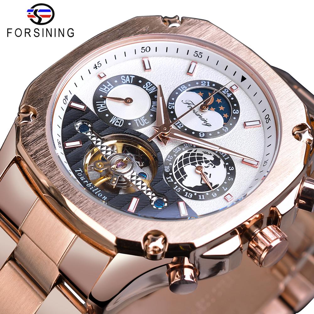 

Forsining Mens Fashion Brand Mechanical Watch Rose Gold Tourbillon Moonphase Date Steel Band Automatic Watches Relogio Masculino, Black