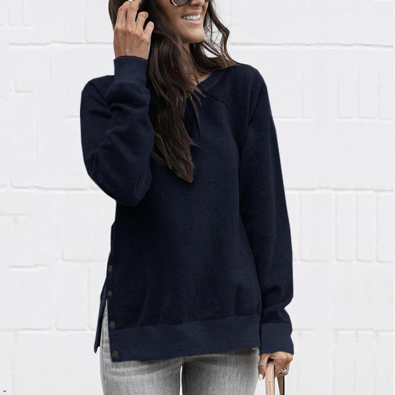 

O Neck Long Sleeve Side Split Buttons Loose Slim Hooded Autumn Winter Women Top Sweatshirt Ladies Pullover Grey Hoodies Casual, 101243-dark blue
