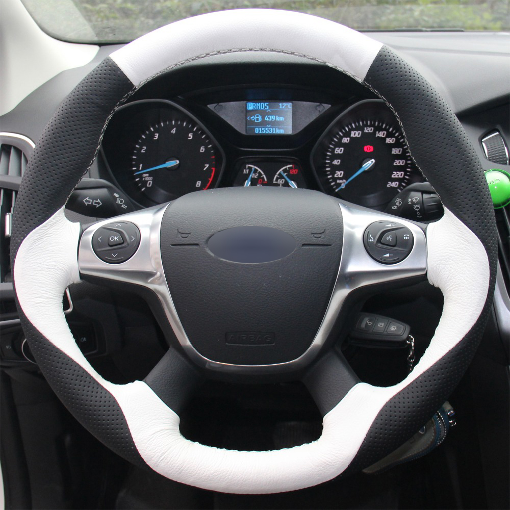 

White Black Genuine Leather DIY Hand sewing Steering Wheel Cover for Ford Focus 3 2012-2014 KUGA 2013-2016