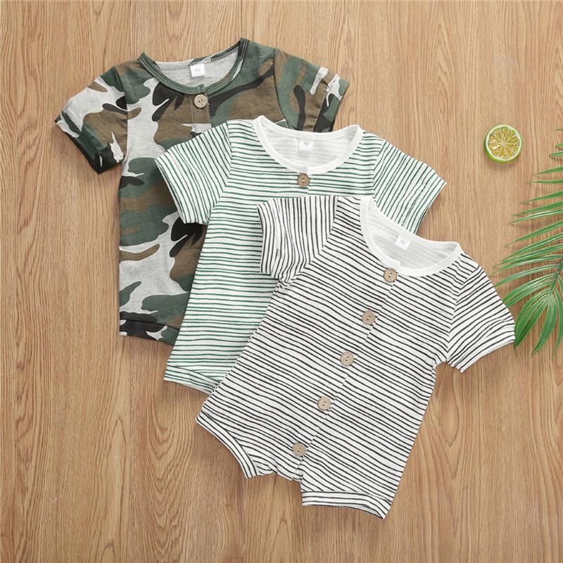 

Camouflage Stripe Romper Newborn Baby Girls Boys Short Sleeve Printed Buttons Jumpsuit Summer Toddler Infant Romper Clothing, Green