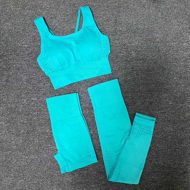 

3PCS Sports Suits Seamless Yoga Set Women Gym Workout Clothes Sports Bra+Yoga Running Biker Shorts+High Waist Legging Yoga Pants, Gray blue set
