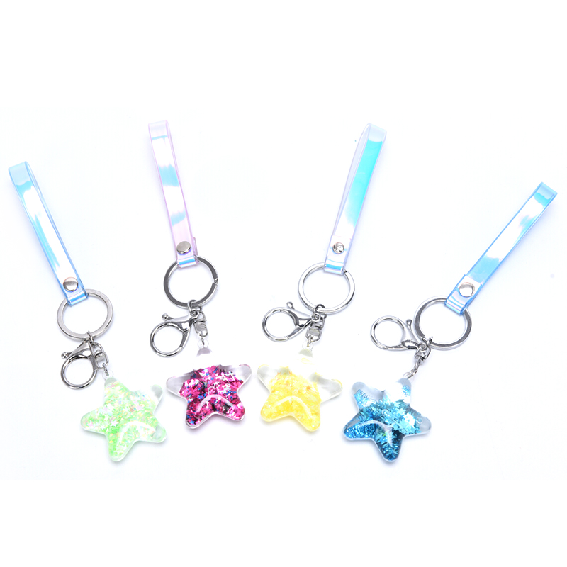 

New Arriva 4 Colors Pentagram Moving Liquid Acrylic Key Ring Keychain Quicksand Star Bag Accessories