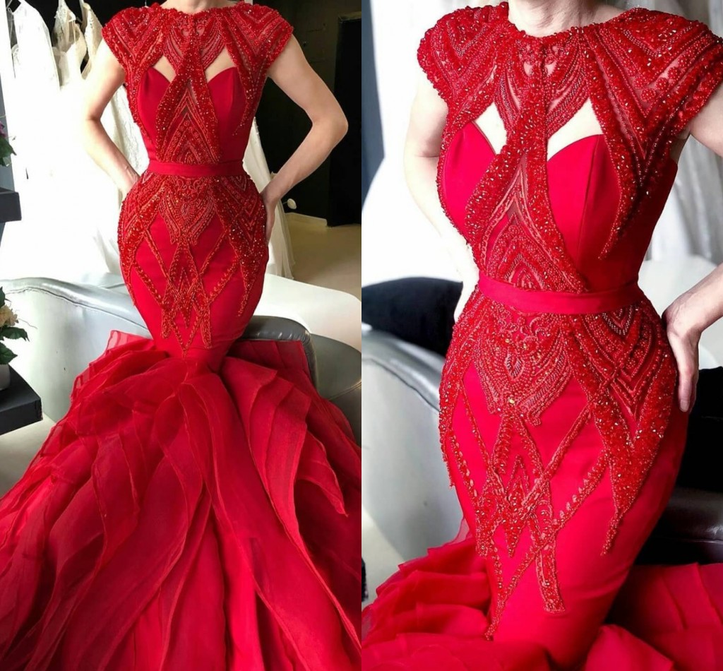 

Sexy Red Mermaid Cap Sleeves Evening Dresses Vintage Beaded Ruflles Prom Gown Plus Size Sweep Train Formal Party Red Carpet Wear, Fuchsia