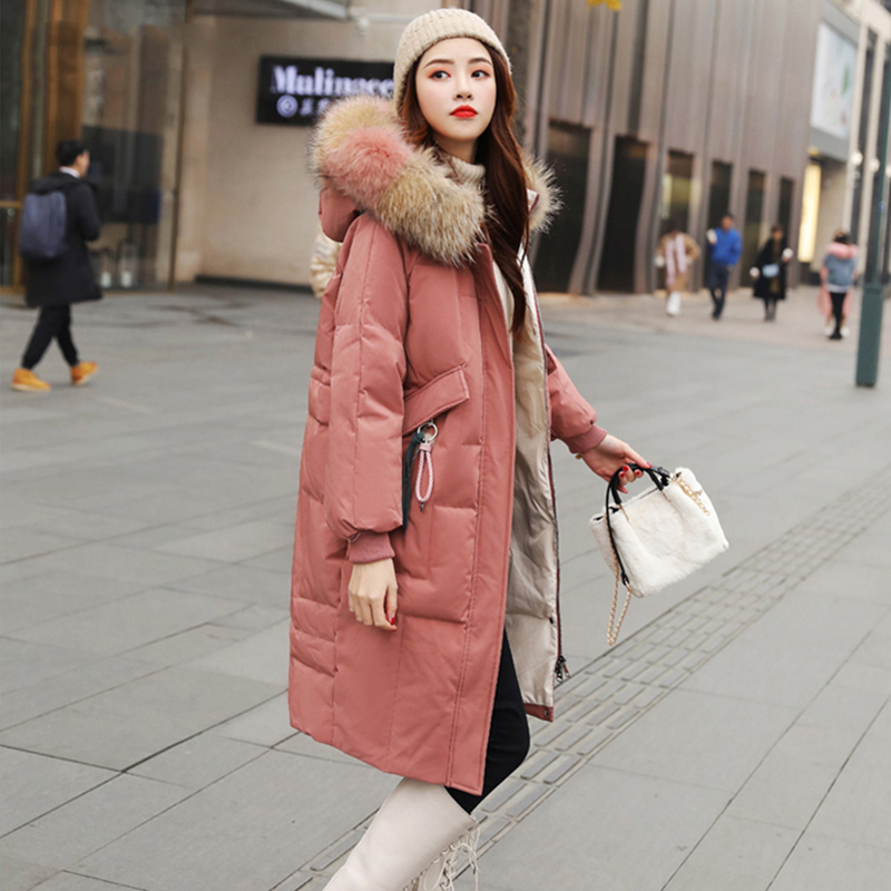 

Large Natural Raccoon Fur Jacket Winter Women Duck Down Long Parkas Female Slim Hooded Pockets Thick Warm Down Coat, Black