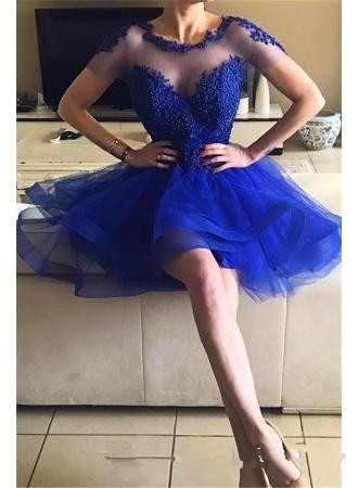 

2019 Hot Sheer Jewel Neck Royal Blue Graduation Dresses Short Sleeves Appliques A Line V Cut Backless Mini SHort Cocktail Dresses, Yellow