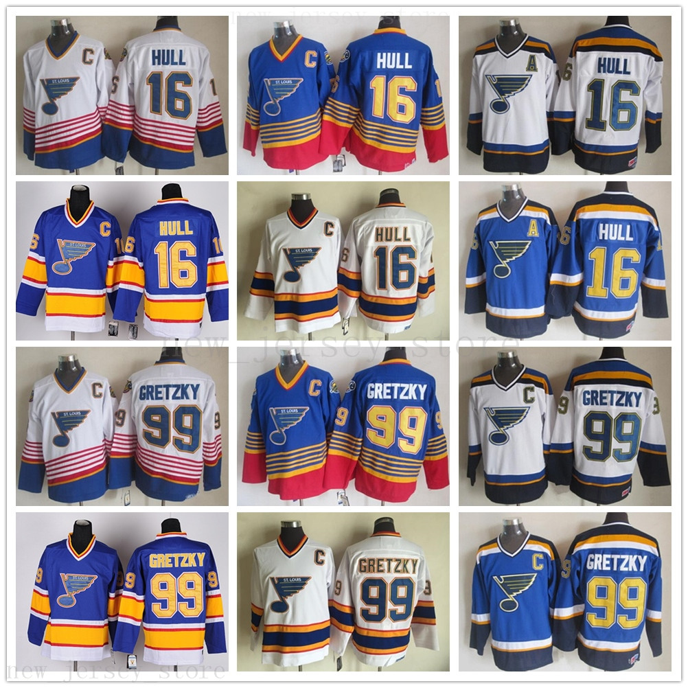 

Vintage CCM Stitched Ice Hockey 99 Wayne Gretzky Jerseys 16 Brett Hull Joe Mullen Jersey Embroidery C Patch Man White Blue, Same as picture