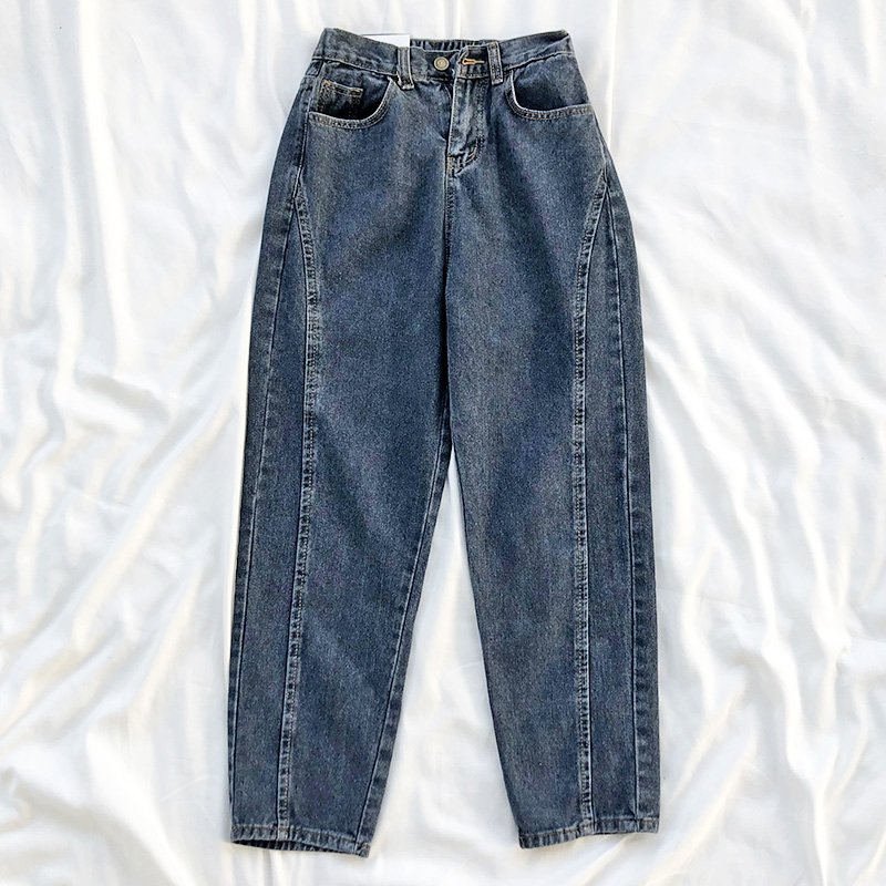 

Elastic High Waist Straight Retro Denim Trousers, Blue