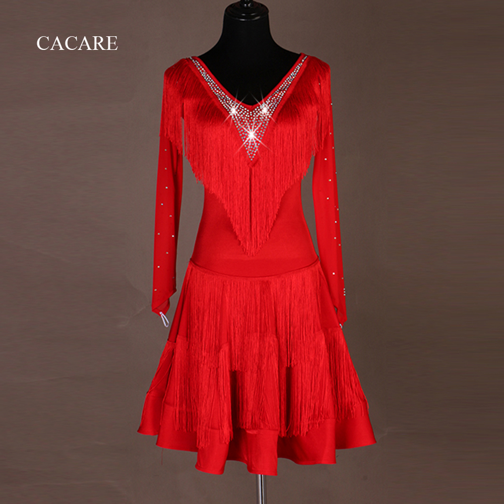 

CACARE Customized Latin Dance Dress for Women Latin Dress Fringe Salsa Latin Dance Competition Dresses 4 Choices D0633 Tassels, Red