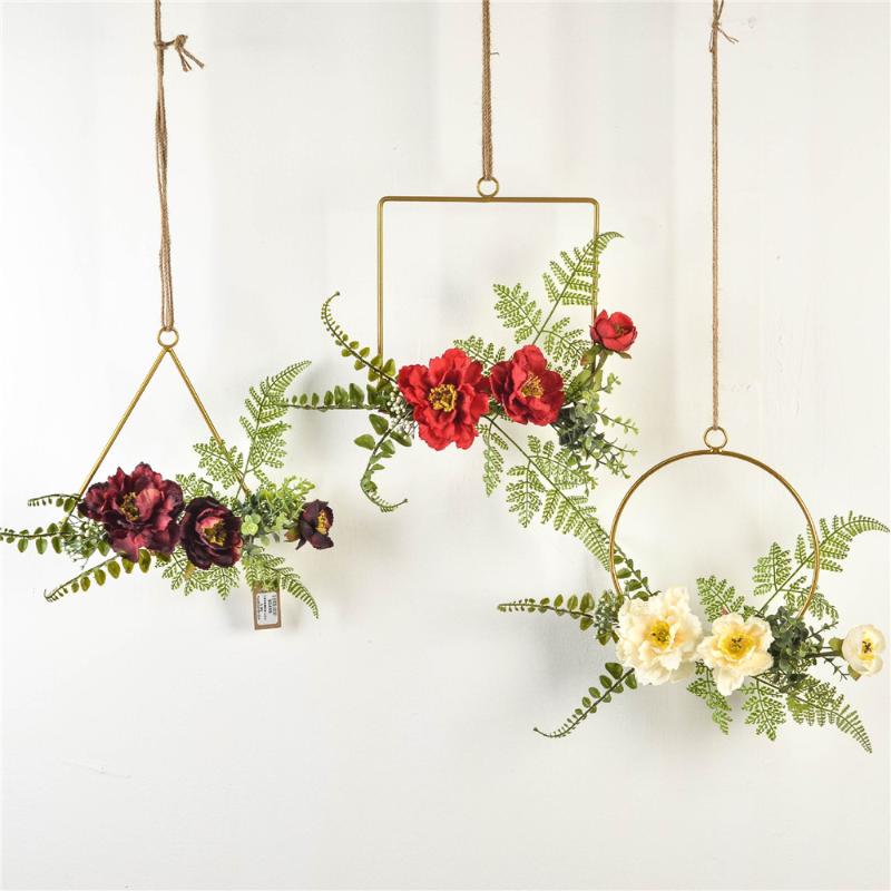 

Cilected Nordic Artificial Silk Cloth Flower Wall Hanging Wreath Iron Metal Garland Home Party Wall Decoration Hanging Ornaments, Style3
