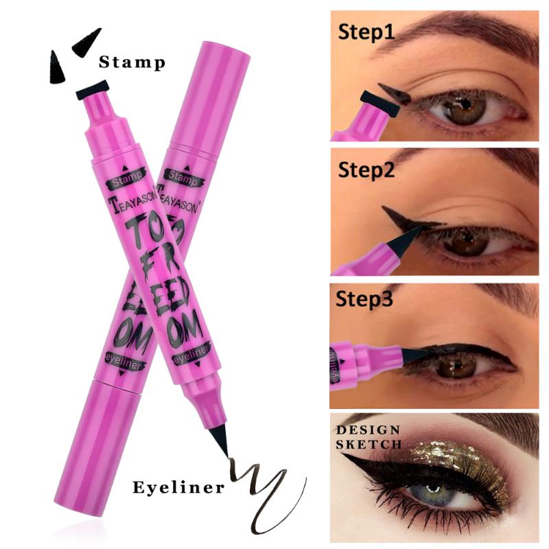 

Professional 2 in 1 Pro Winged Eyeliner Stamp Waterproof Women Makeup Long Lasting Eye Liner Pencil Black Liquid Makeup Tool, 01