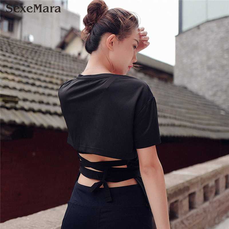 

Quick Dry Women' Running tshirt 2020 dance tie waist shirt white black pink slim t-shirt gym fitness women jogging sports shirt