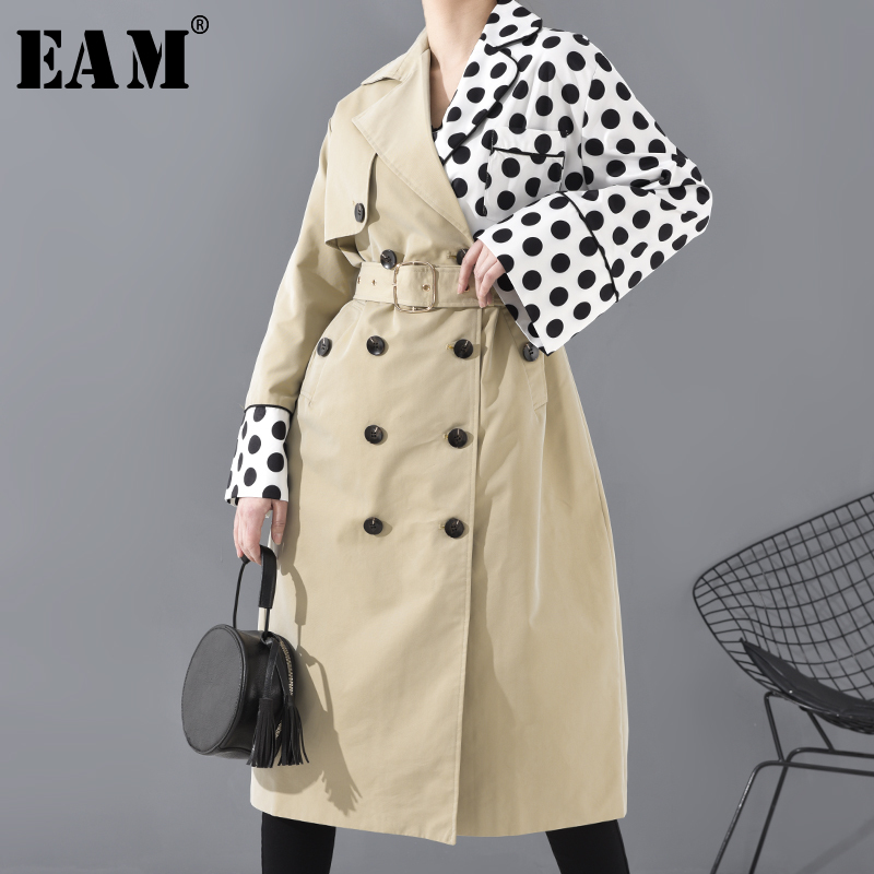 

[EAM] Women Dot Printed Split Joint Big Size Trench New Lapel Long Sleeve Loose Fit Windbreaker Fashion Tide Spring 2020 OA70104, Khaki