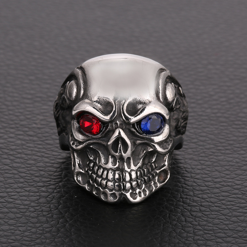 

Mens Skull Ring Stainless Steel Skeleton Rings for Men with Colorful Stone Punk Hiphop, Silver