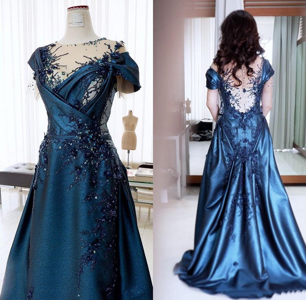 2020 Elegant Beaded Mermaid Evening Dresses Gorgeous Sheer Neck Short Sleeves Party Gowns Arabic Muslim Dubai Prom Dress Abendkleider