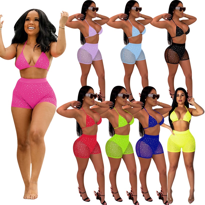 

Women Bikini 2 Two Piece Sets Summer Sexy Swimsuits Mesh Gauze Sequins Lace up Bra shorts outfits Set Fashion Bikinis Tankini lady Swimwear, Mixed color