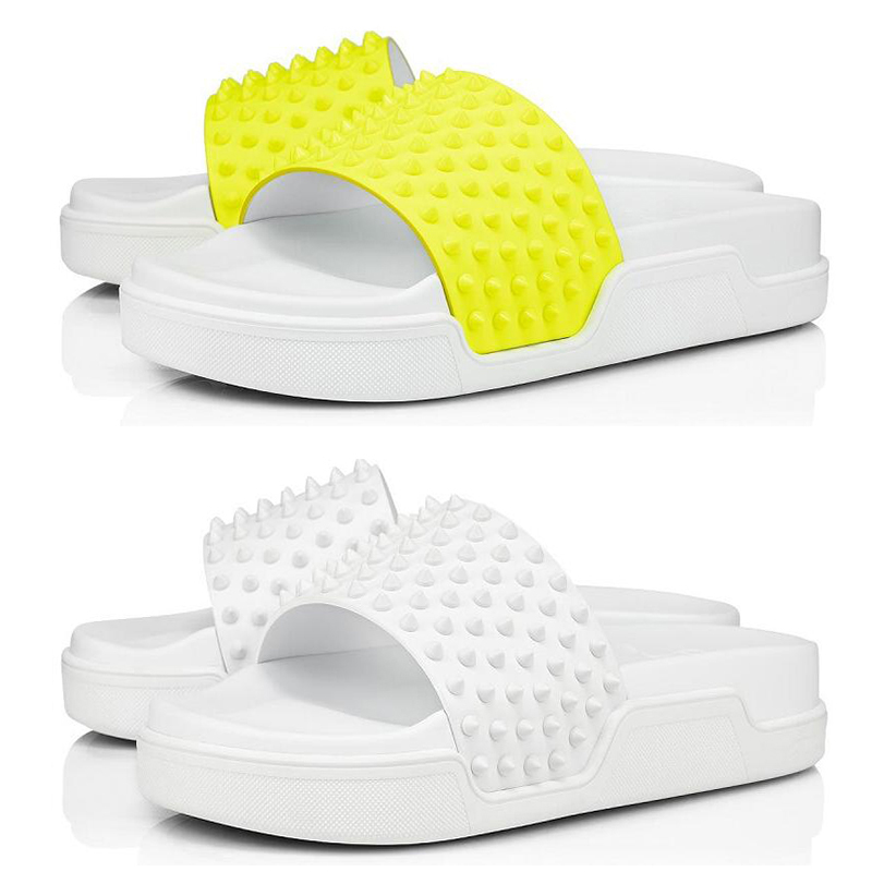 Hot sale red bottoms men slippers fashion slides triple black white pink spikes mens flat flip flops beach hotel platform sandals