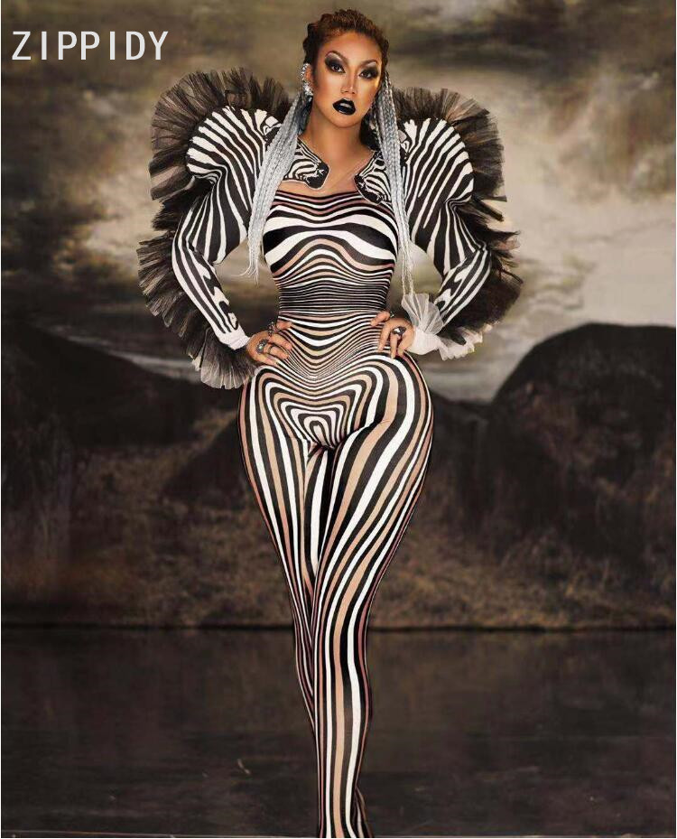 

New Style Zebra Pattern Jumpsuit Women Singer Sexy Stage Outfit Bar DS Dance Cosplay Bodysuit Costume Prom Clothes, Black