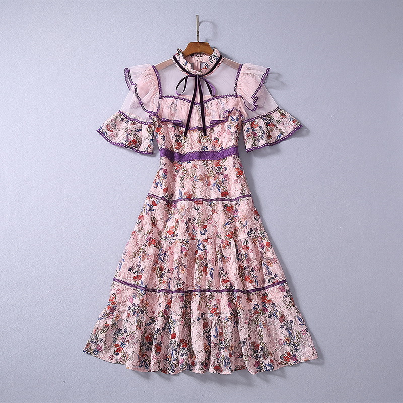 

New European and American women's dresses for spring 2020 Horn sleeve short sleeve collar Bud silk printing Fashionable dress, Black;gray