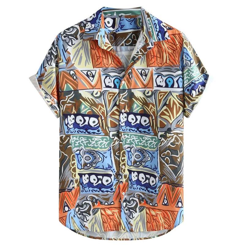

Men's Casual Shirts Fashion Mens Abstract Printing Ethnic Style Short Sleeve Summer Loose Shirt Lapel Button Up Men Male Blouse, Blue