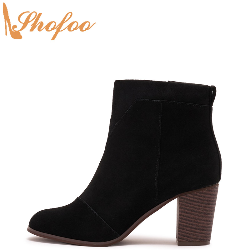 

Black Woman Ankle Boots High Chunky Heels Round Toe Booties Zipper Large Size 14 16 Ladies Winter Fashion Mature Shoes Shofoo, Black booties