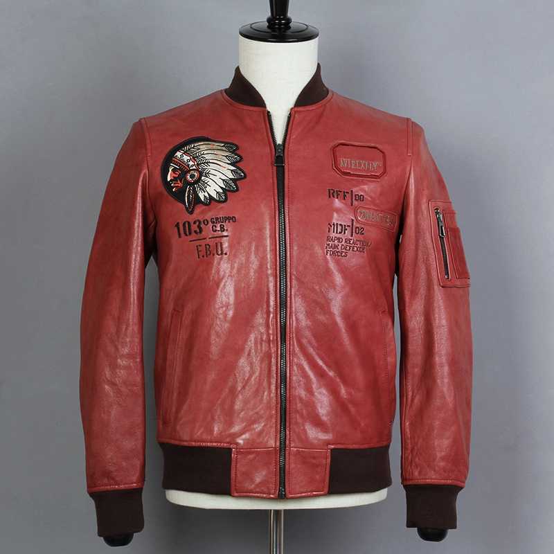 

Fashion 2020 Sheepskin Embroidery Pattern Genuine Leahter Jacket Men Red Baseball Coat Real Leather Motorcycle Clothing