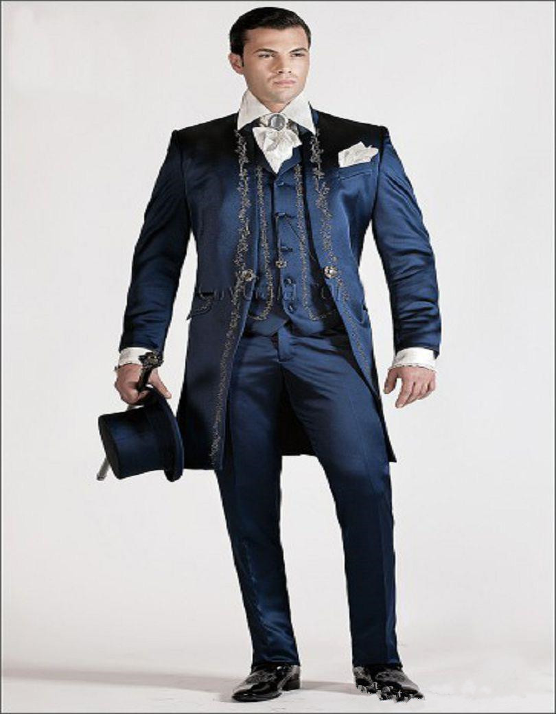 

New Long Pattern Embroider Groomsmen Mandarin Lapel Groom Tuxedos Men Suits Wedding/Prom/Dinner Best Man Blazer(Jacket+Pants+Tie+Vest) 272, Same as image