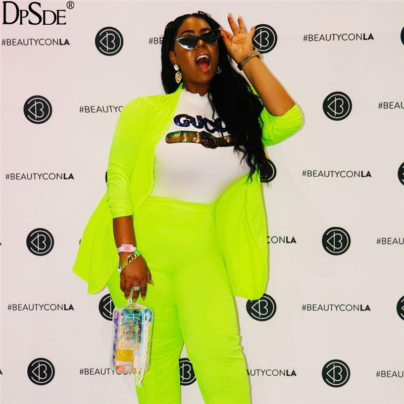 

DPSDE Bright Fluorescent green Casual Two Pieces Set Women Cardigan Full Sleeve Cool Top Autumn Tall Waist Bodycon Long Pants