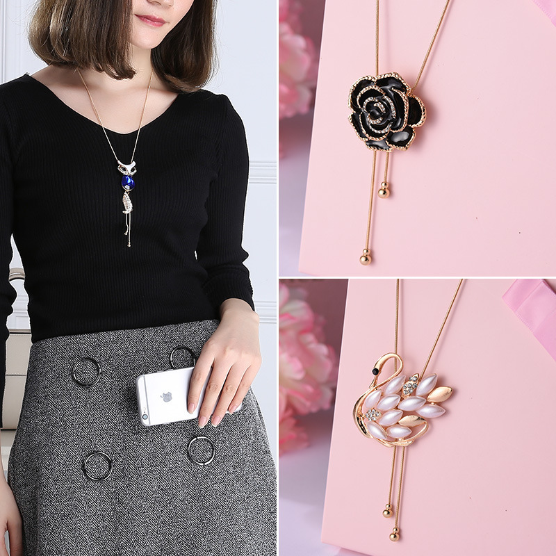 

Necklace Sweater Chain Women Long Necklaces Jewelry Ladies Unisex Phoenix Pendant Fox Elegant Fashion Trendy Alloy Key Naszyjnik
