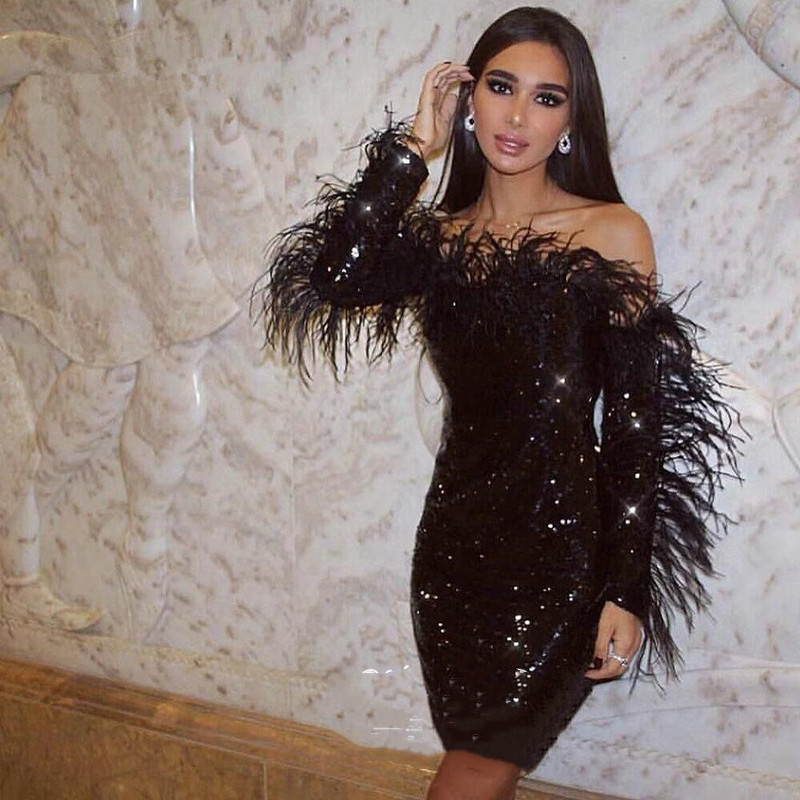 

Bling Sequined Short Cocktail Dresses Prom Feather Long Sleeves 2020 Off Shoulder Sheath Little Black Dress Party Club, Silver