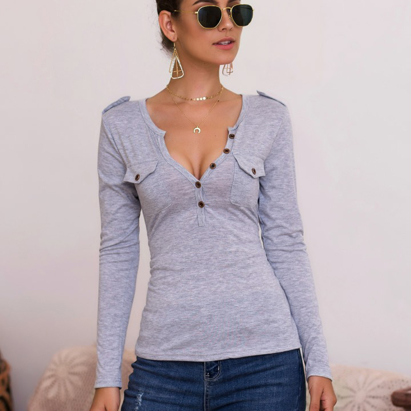 

Summer Women casual t-shirt Top 2019 t-shirt women' Sexy V-neck button solid color long-sleeved tops t-shirts women tee, Gray