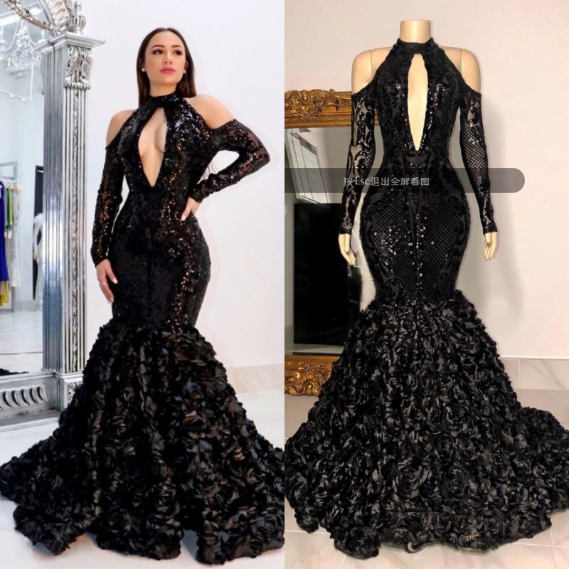

2020 Black Tiered Skirts Prom Dresses African High Neck 3D Lace Flowers Sequined Evening Gowns Plus Size Reflective Dress, Red
