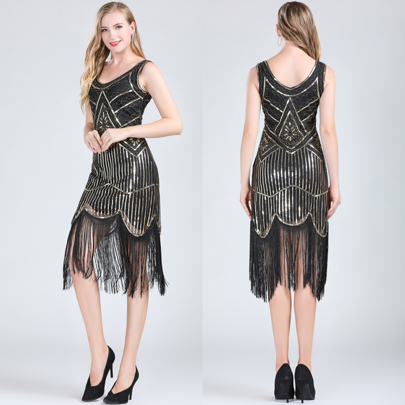 

Women Party Dress 1920s Great Gatsby Flapper Dress V Neck Sleeveless Embellished Sequin Beaded Fringe Vestidos, White
