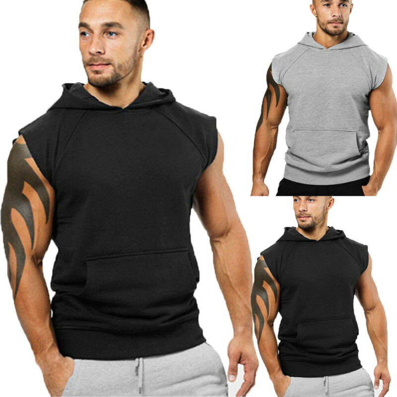 

Pure Color Mens Gym Singlet Hoodies Sweatshirts Sleeveless Muscle Gym Sport Slim Tank Top Vest Male Fitness Bodybuilding Hoodies, Black