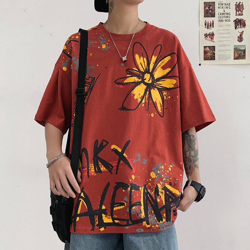 

Januarysnow Oversized Japan T Shirts Men Fashion Cotton Loose Chrysanthemum Tee Shirt Casual Korean Fashion Hip Hop Tshirt Streetwear Mens, Black
