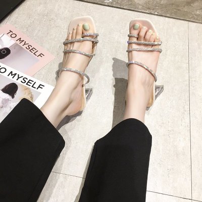 

Slippers women wear 2020 summer new ins tide net red fashion rhinestone wild thick with a word drag female, Beige