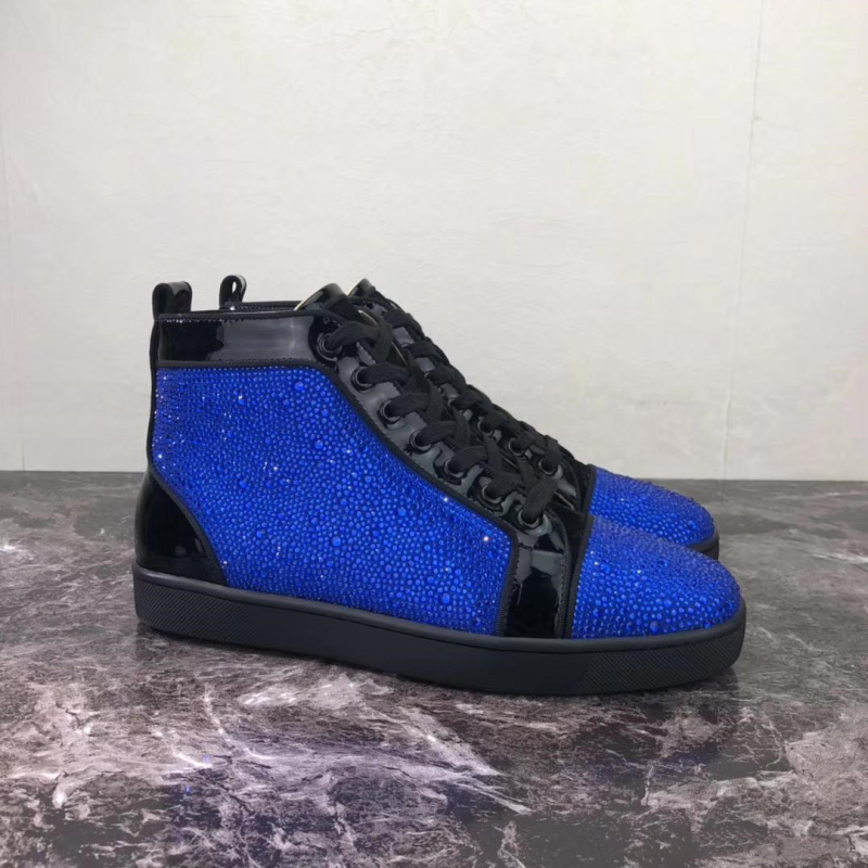 

with box) Famous brands blue rhinestone high top Sandals sneakers laboutin black patent leather crystal men women red bottom casual shoes