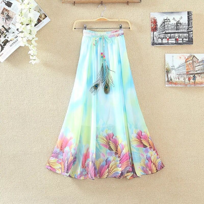 

2020 Fashion Women Maxi Skirts Casual Elegant Saia Longa Chiffon Bohemian Vintage Summer Female Long Skirt Flower Ethnic Clothes, Style one