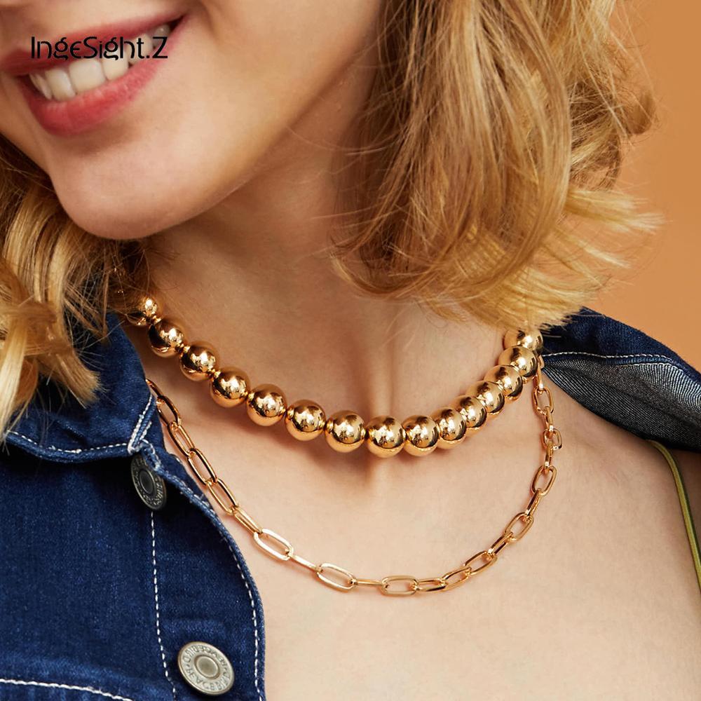 

Punk Multi Layer Round Bead Ball Choker Necklace Collar For Women Gold Color Curb Cuban Pendant Necklace Men Jewelry