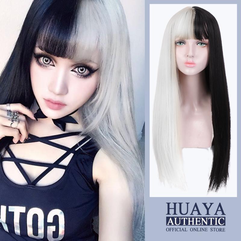 

HUAYA Wigs Girl's Long Straight Heat Resistant Fiber Sythetic With Bangs Lolita Anime Cosplay Wig Half Black Half White, Natural color